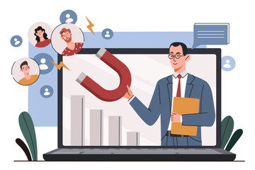 Poster - Creating clients concept. Man with magnet on laptop screen. Marketing and promotion of goods or services on Internet and social networks. Know your customer. Cartoon flat vector illustration