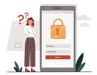 Aufkleber - woman with password concept. young girl enters profile on smartphone. authorization and verification