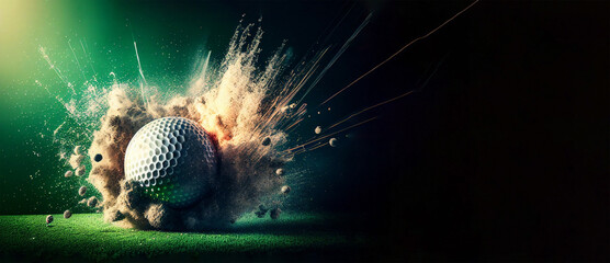 Wall Mural - Golf ball close up sport action hit green ground, horizontal banner with copy space. Generative AI graphic