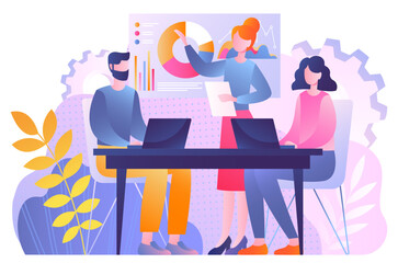 Poster - Work office concept. Man and women with laptop on background of graphs and charts. Colleagues and partners working on common business project. Coworking space. Cartoon flat vector illustration