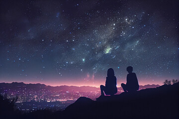 Couple looking at the starry sky. Romantic dating under night sky. High quality illustration