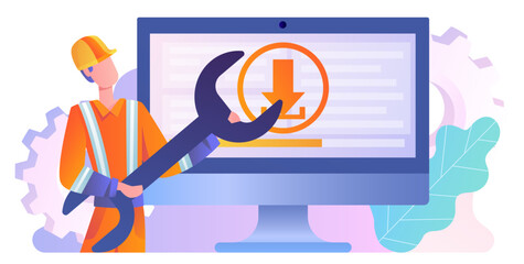 Poster - system update concept. man in uniform and protective helmet with wrench on background of computer mo