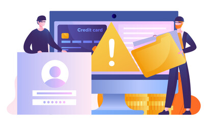 Poster - cyber criminals concept. masked men steal bank card and password. hackers steal money from electroni