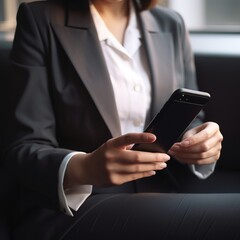 Poster - woman hands with phone typing and reading online news on executive company experts and top search apps. Female professional reading email or working on digital mobile smartphone. generative ai