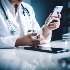 Poster - Concept of medical technology. In a modern office, a doctor uses a mobile phone and a stethoscope. generative ai
