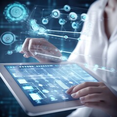 Poster - Medicine On the interface, a doctor is working on a digital tablet for a patient's medical record. DNA technology, medical technology, and a futuristic concept . generative ai
Medicine On the interfac