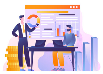 Poster - business analysis concept. men on background of tables, graphs and diagrams. analytics and informati