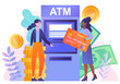 People near ATM. Women with bank card near apparatus for payments and banking operations. Electronic transactions and transfers. Management of investment. Cartoon flat vector illustration