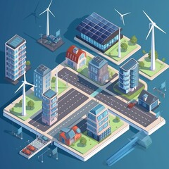 Wall Mural - solar cell plant and wind generators in urban area connected to smart grid.Energy supply,eolic turbine,distribution of energy,Powerplant,energy transmission. generative ai