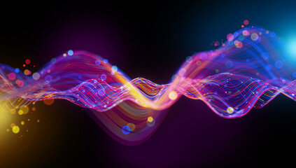 3d render, abstract neon background with glowing wavy lines and colorful bokeh lights