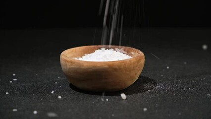 Wall Mural - Crystals of table salt are poured into a wooden bowl on a black background. Coarse sea salt.