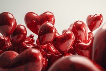 Numerous Heart-shaped Balloons In Red Shade Against A White Background. Generative AI