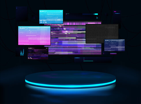 Wall Mural -  - Round podium stage with monitors on which the picture hung, glitches or white noise. In the dark hacker room, there is a round stage with neon light and reflection, for games. Cyberpunk podium, stage