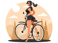 Woman With A Bicycle. A Female Cyclist Stands With A Bicycle At The Edge Of The Forest. Cycling Concept. Vector Graphics