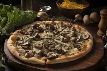 Stone pizza with truffled mushrooms, dough made traditionally in the Italian style. Mediterranean food, healthy diet. made with ai