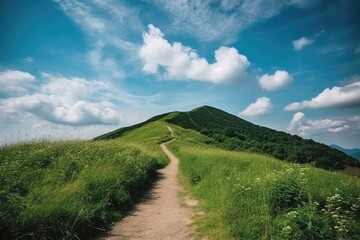 Poster - rural dirt path leading to a lush green hill. generative ai