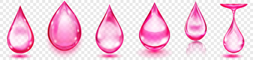 Wall Mural - Set of realistic translucent water drops in pink colors in various shapes with glares and shadows, isolated on transparent background. Transparency only in vector format