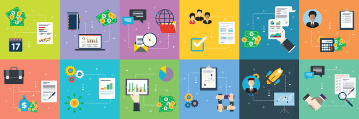 Poster - Illustrations collection of finance, communication, business, strategy, analysis and investment. Flat design icons in vector illustration. 