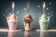 Generative AI. A Group Of Three Cups Filled With Different Types Of Ice Cream And Toppings On Top Of Each Cup