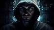 © Sky - The Ultimate Cyber Warrior: Meet the Hooded Hacker Standing Proudly Against the Code Backdrop. Ai Generative.