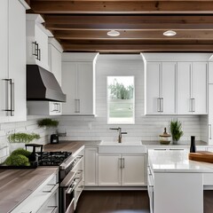 8 A modern farmhouse kitchen with white cabinets, a subway tile backsplash, and wood accents2, Generative AI