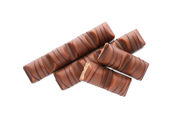 Poster - Pieces of tasty chocolate bars on white background, top view