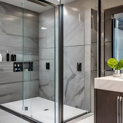 Wall Mural - 3 A luxurious, contemporary bathroom with marble tile, a glass shower, and a statement bathtub1, Generative AI