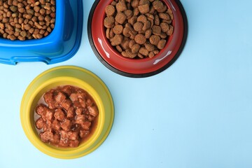 Wall Mural - Wet and dry pet food in feeding bowls on light blue background, flat lay. Space for text
