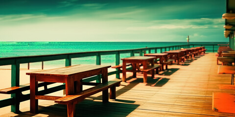 Wall Mural - Bokeh Seaside landscape, the cafe on the embankment view of the on the Sea coast. vacation concept
