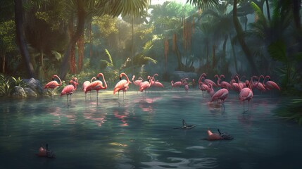 Lot of flamingos in pool photorealistic. Al generated