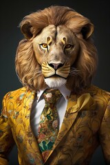  Lion Wearing Beautiful Tailored Golden Suit. Generative ai