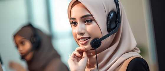 Call center, young middle woman and smile in contact us with CRM, headset with mic and mockup space. Customer service consultant, happy female and telemarketing with sales and help desk. Generative AI