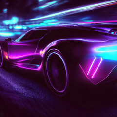 Wall Mural - Futuristic supercar driving in the night in purple neon colors, generative AI