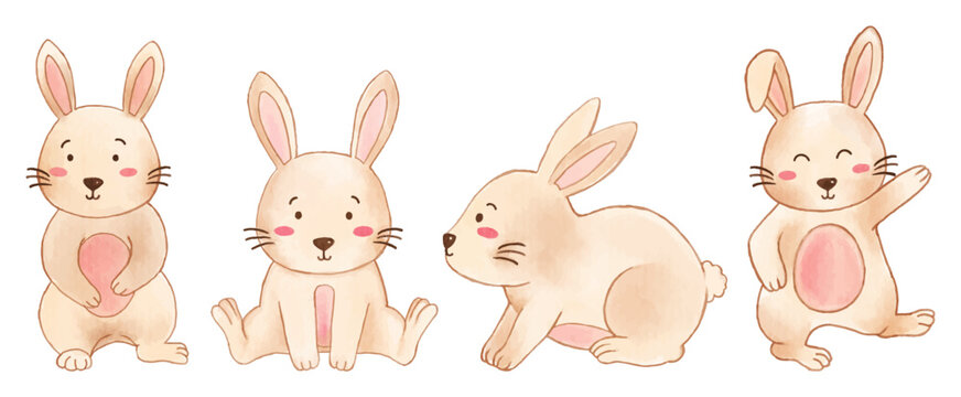 Rabbit . Watercolor painting design . Set of cute animal cartoon character . Vector .