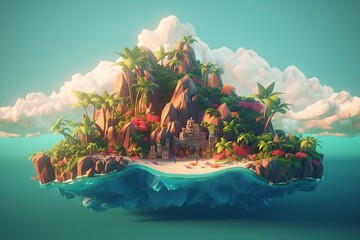 Vivid scene of a tropical island portrayed in low poly cartoon style. Generative AI