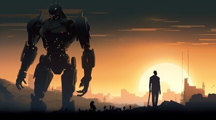 Canvas Print - robot and human silhouettes, digital art illustration, Generative AI