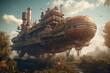Illustration of a steampunk airship with sci-fi elements and Victorian design. Generative AI
