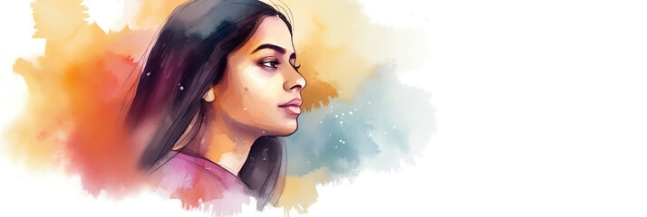 Wall Mural - beautiful young indian woman meditating profile view, colorful watercolor banner, generative ai