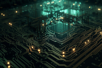 Poster - Circuit Board Background with Binary Code and Glowing Lines, Generative AI	
