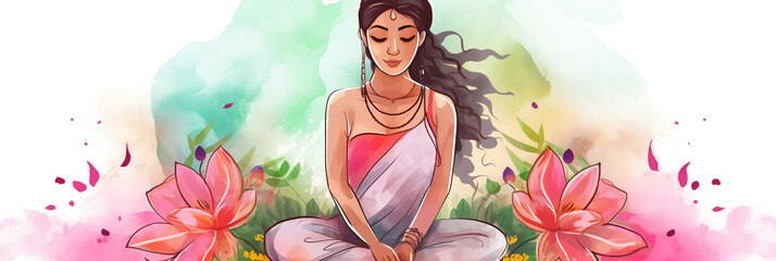 Wall Mural - adult indian woman meditating with flowers around, colorful watercolor banner, Generative AI