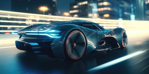 Poster - futuristic electric car, super car driving on city highway road with motion blur. distinct generativ
