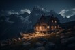 Solitary Alps abode under a luminous night sky. Generative AI