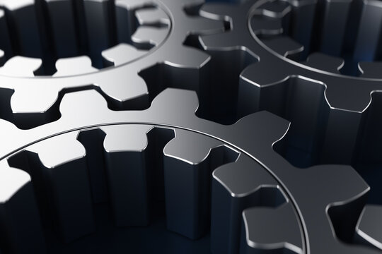 Close-up of metal gears on a blue background. 3d rendering illustration.