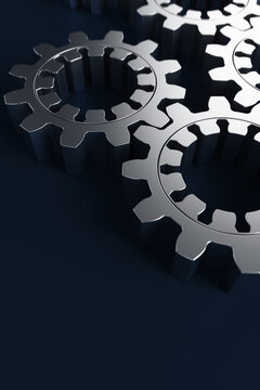 Close-up of metal gears on a blue background. 3d rendering illustration.