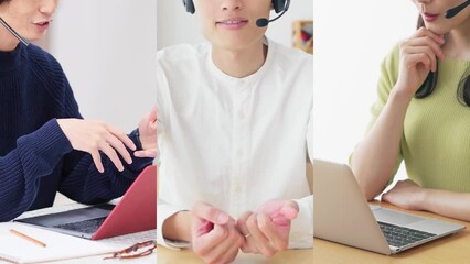 Aufkleber - ビデオ通話する人々のグループのコラージュ映像　白バックからのワイプトランジション