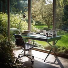 Home Office Serene Green Lawn Backdrop Use Desk Chair Front Window Garden Background Energy Surroundings Well Appointed Space Product Utopia Sleek Glass Buildings Grass, Generative Ai