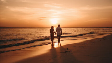 Wall Mural - Couple holding hands walking on the beach. generative ai