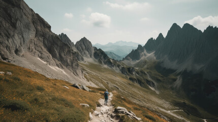 Wall Mural - person hiking in a beautiful mountain, generative ai