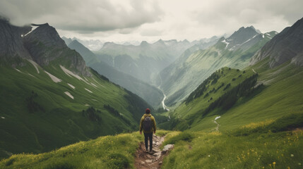 Wall Mural - person hiking in a beautiful mountain, generative ai