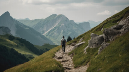 Wall Mural - person hiking in a beautiful mountain, generative ai